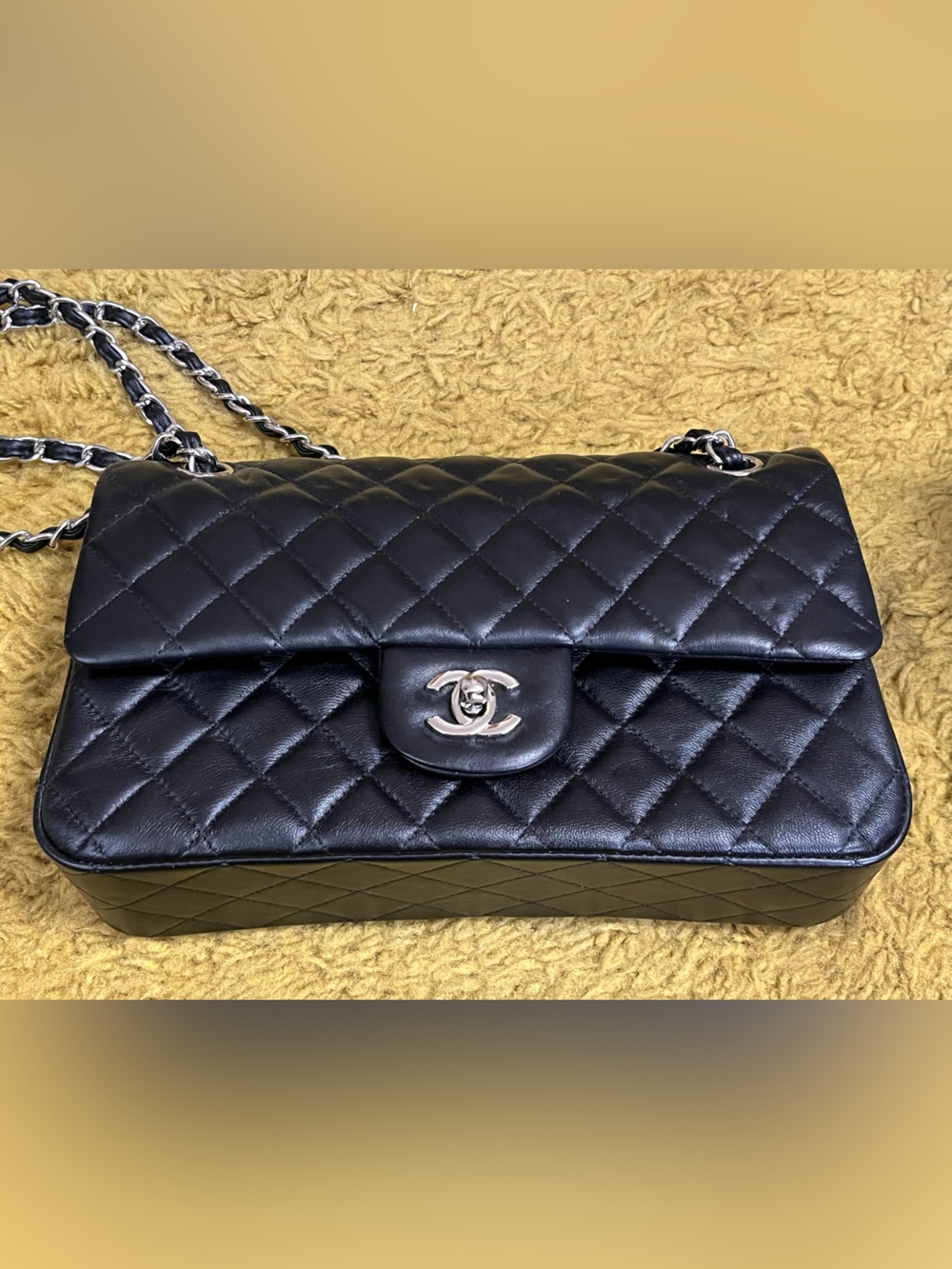 Source Unknown Large Double Flap Black Quilted Shoulder Bag with Silver Chain